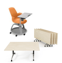 Une chaise avec tablette et roulettes, ainsi que des tables à roulettes pliables